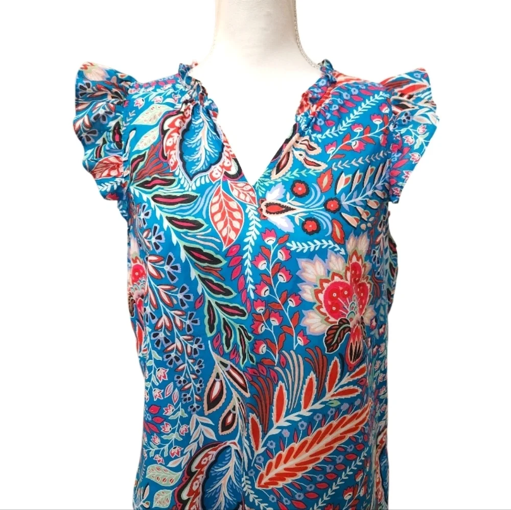 Talbots Botanical Paisley Ruffle Trim Shell Teal Turquoise Pink Floral, Medium - Picture 6 of 13